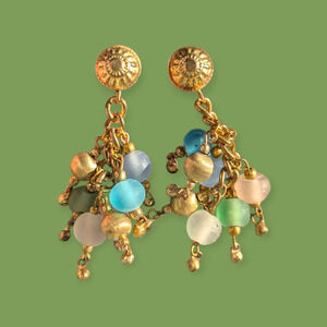 Vintage 90's Stunning Chandelier glass bead brass pierced earrings